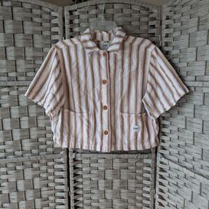 Lee Button Up Shirt Pink Yellow White Striped Cropped Boxy Womens Sz M Pockets